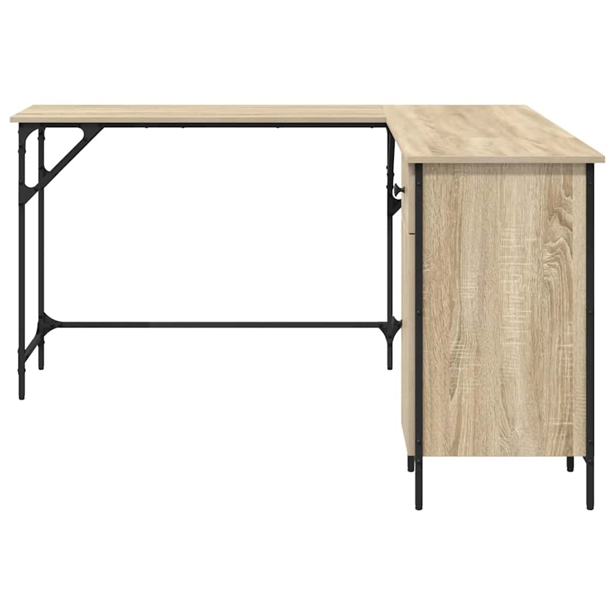 Ein L-förmiger Schreibtisch. Die Tischplatte ist aus hellem Holz mit schwarzen Metallbeinen. Der Schreibtisch hat eine Schrankseite.