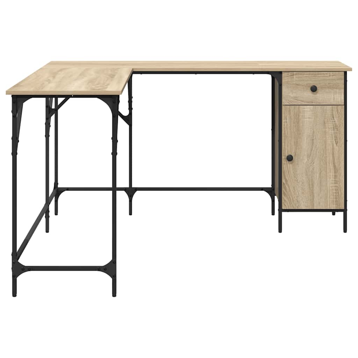 Ein L-förmiger Holzschreibtisch mit schwarzen Metallstützen. Er hat eine Schublade und einen Schrank auf der rechten Seite. Der Schreibtisch steht auf weißem Hintergrund.