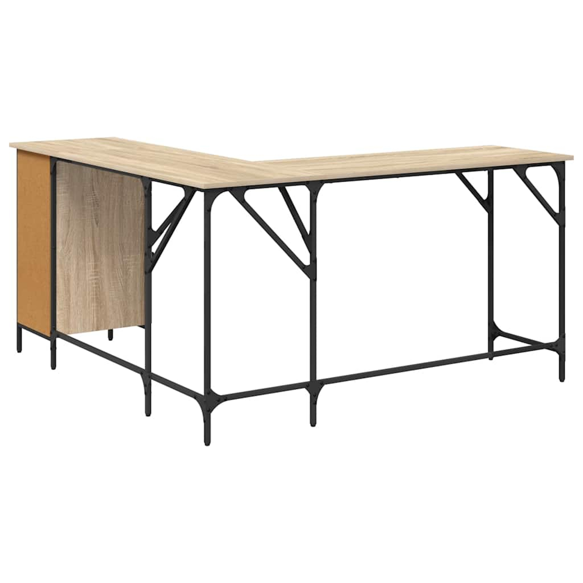 Ein L-förmiger Schreibtisch mit hellbrauner Holzplatte und schwarzem Metallrahmen. Auf der linken Seite befindet sich ein Schrank mit Holzmaserung.