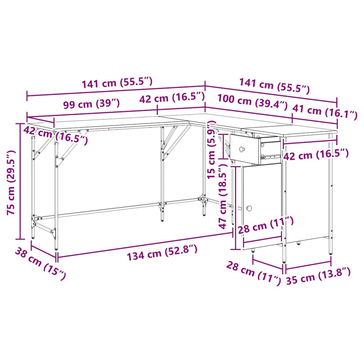 Diagramm eines L-förmigen Schreibtisches mit Maßen. Abmessungen umfassen Längen, Höhen und Tiefen in cm und Zoll.