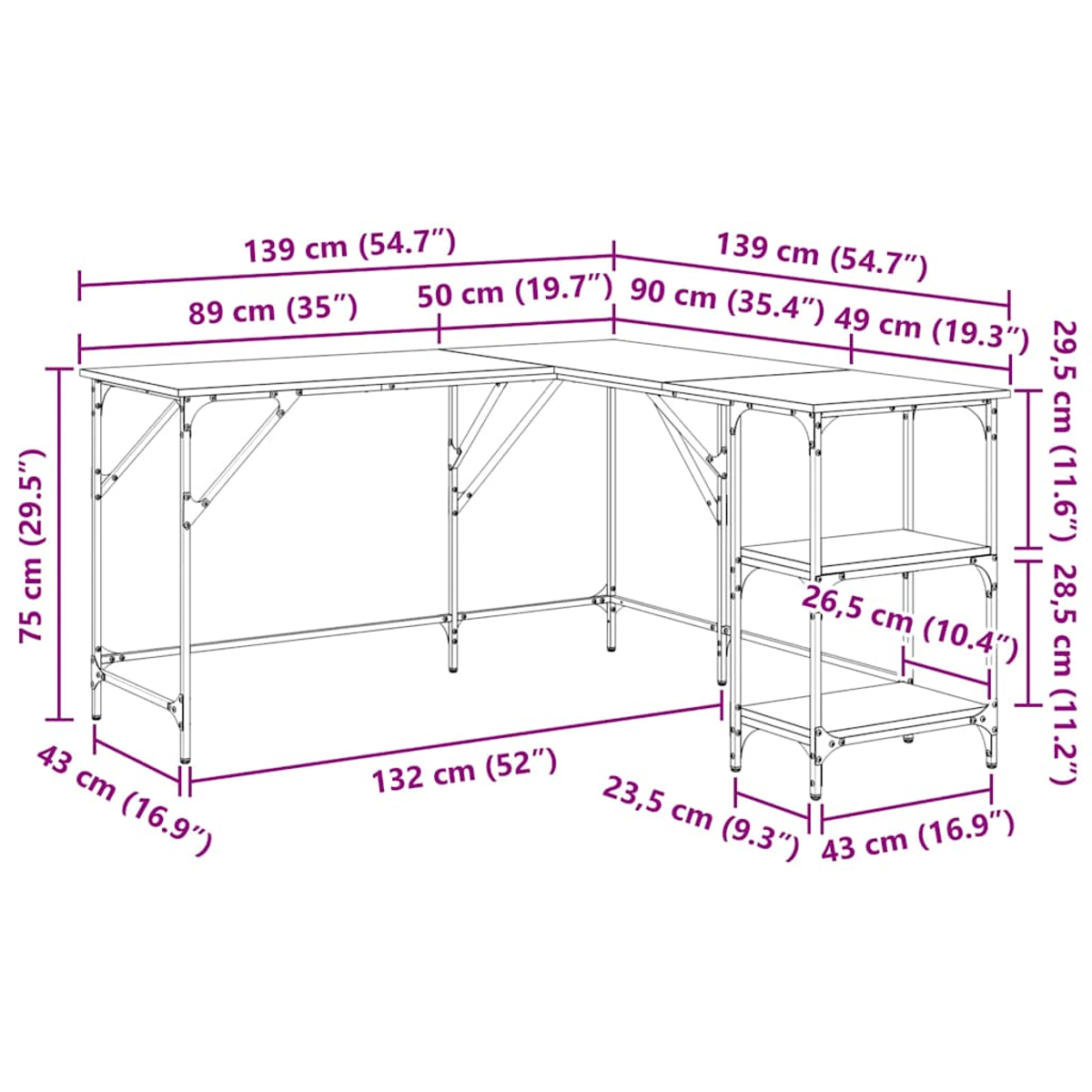Diagramm eines L-förmigen Schreibtischs mit Maßen in cm und Zoll. Er hat zwei Hauptflächen und ein kleines Regal.