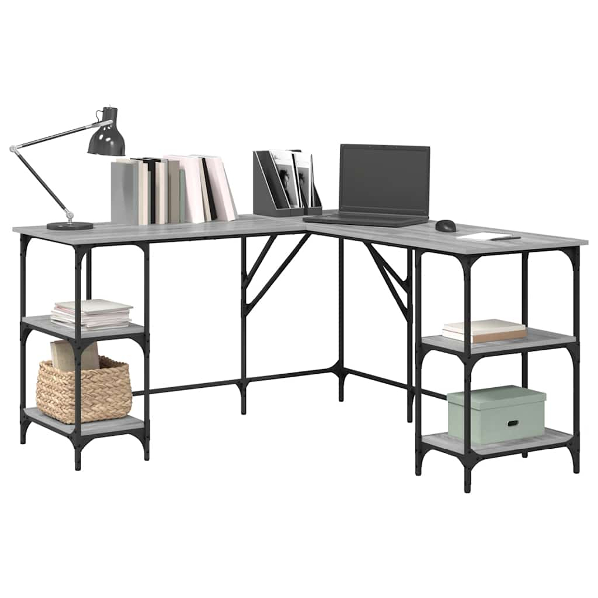Ein L-förmiger Schreibtisch mit Laptop, Büchern, Lampe und Stauraum. Der Schreibtisch ist grau, mit schwarzen Metallrahmen und Regalen.