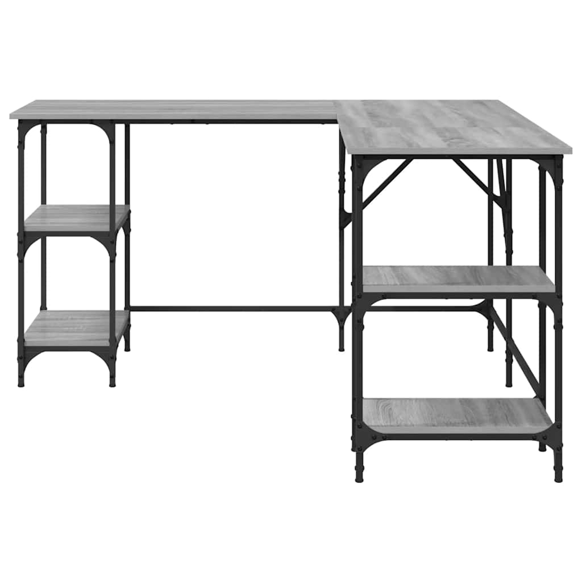 Ein L-förmiger Schreibtisch mit grauen Holzoberflächen und schwarzem Metallrahmen, mit Regalen auf beiden Seiten.