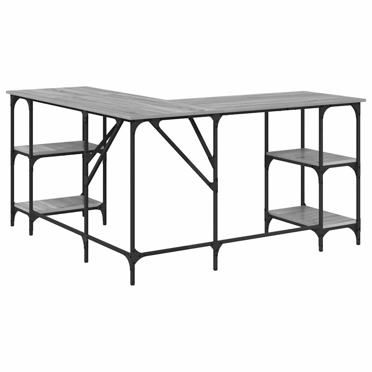 Ein L-förmiger Schreibtisch mit grauer Holzplatte und schwarzem Metallrahmen. Er hat Regale auf der linken und rechten Seite.
