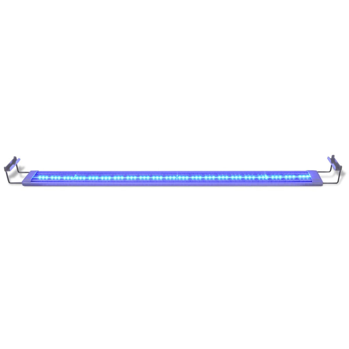 Eine blaue LED-Aquarienlampe. Sie hat eine lange rechteckige Form mit sichtbaren blauen LEDs. An jedem Ende befinden sich schwarze Metallhalterungen.