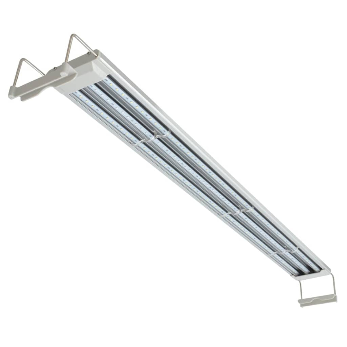 Eine weiße LED-Aquarienleuchte. Sie hat eine rechteckige Form mit vier parallelen Lichtstreifen. Metallstützen erstrecken sich von den Enden.