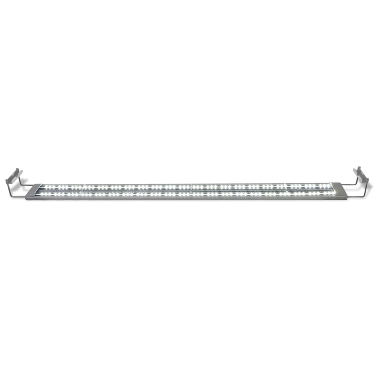 Eine rechteckige LED-Leuchte, silberfarben, mit zwei Reihen von Lichtern. Sie hat Metallhalterungen an jedem Ende auf weißem Hintergrund.