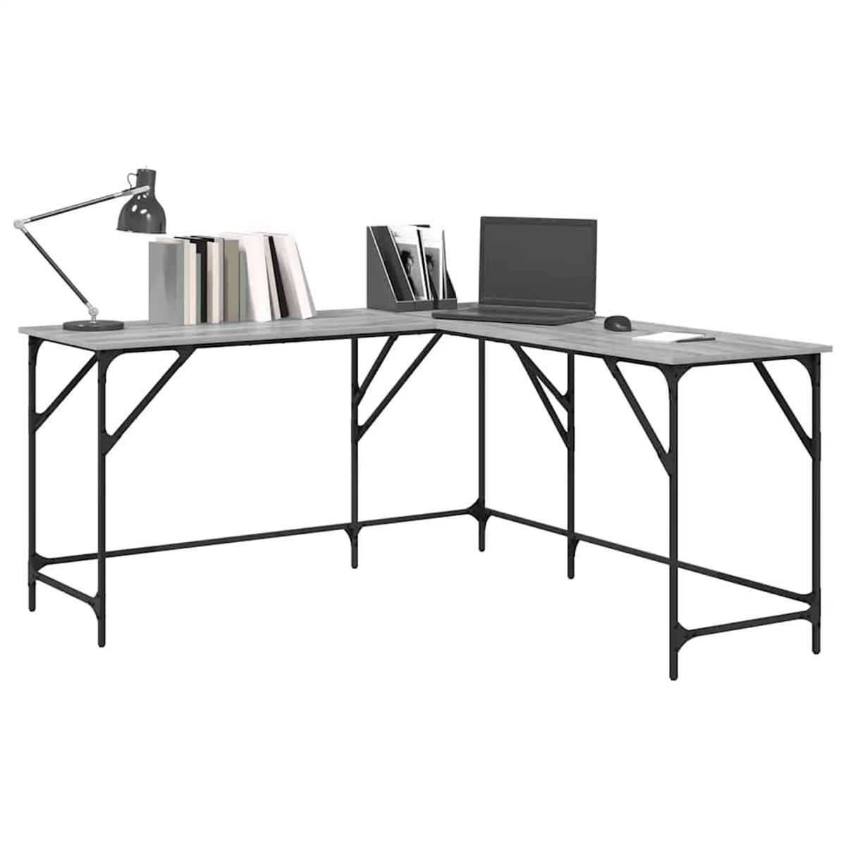 Ein L-förmiger Schreibtisch mit Laptop, Büchern, Lampe und Aktenhaltern. Der Schreibtisch ist grau, das Gestell schwarz.