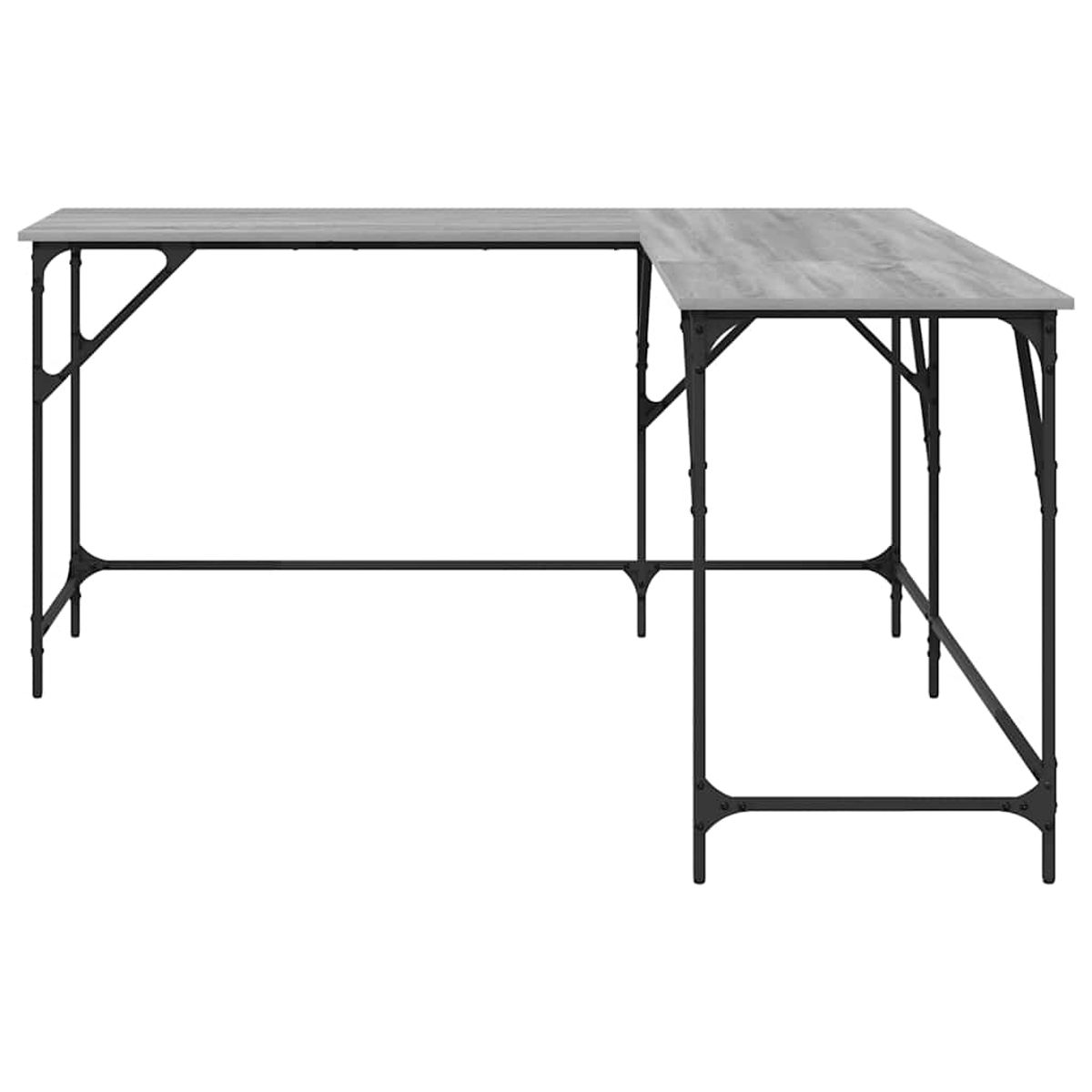 Ein L-förmiger Schreibtisch mit grauer Holzoptik und schwarzen Metallbeinen. Der Schreibtisch ist leer, vor weißem Hintergrund.