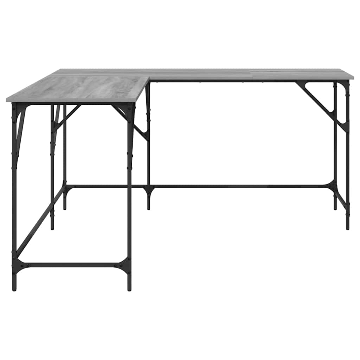 Ein L-förmiger Schreibtisch mit grauer Holzoptik und schwarzem Metallrahmen, vor weißem Hintergrund.
