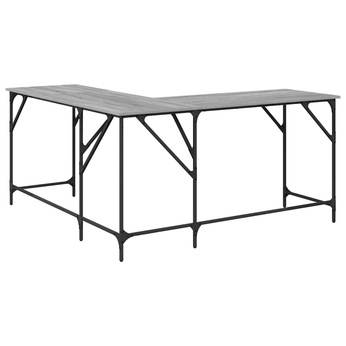 Ein L-förmiger Schreibtisch mit grauer Holzoptik-Oberfläche und schwarzem Metallrahmen. Der Rahmen hat abgewinkelte Stützen.