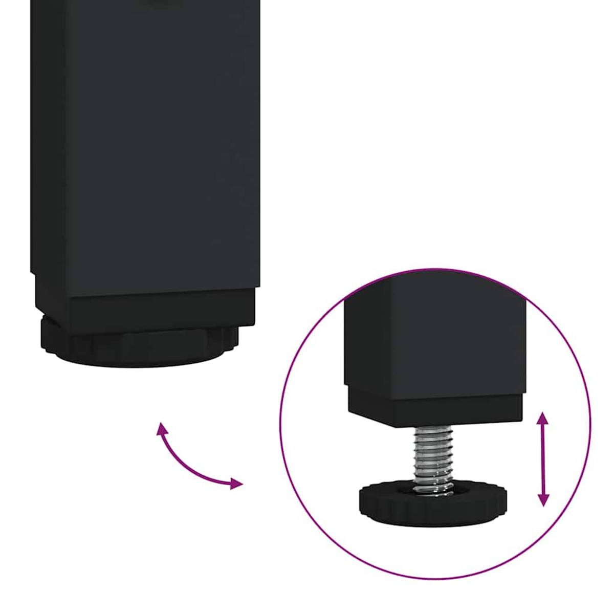 Das Bild zeigt einen Möbelbein-Einstellmechanismus. Ein schwarzes quadratisches Bein hat eine Gewindespindel und einen schwarzen Einstellknopf.