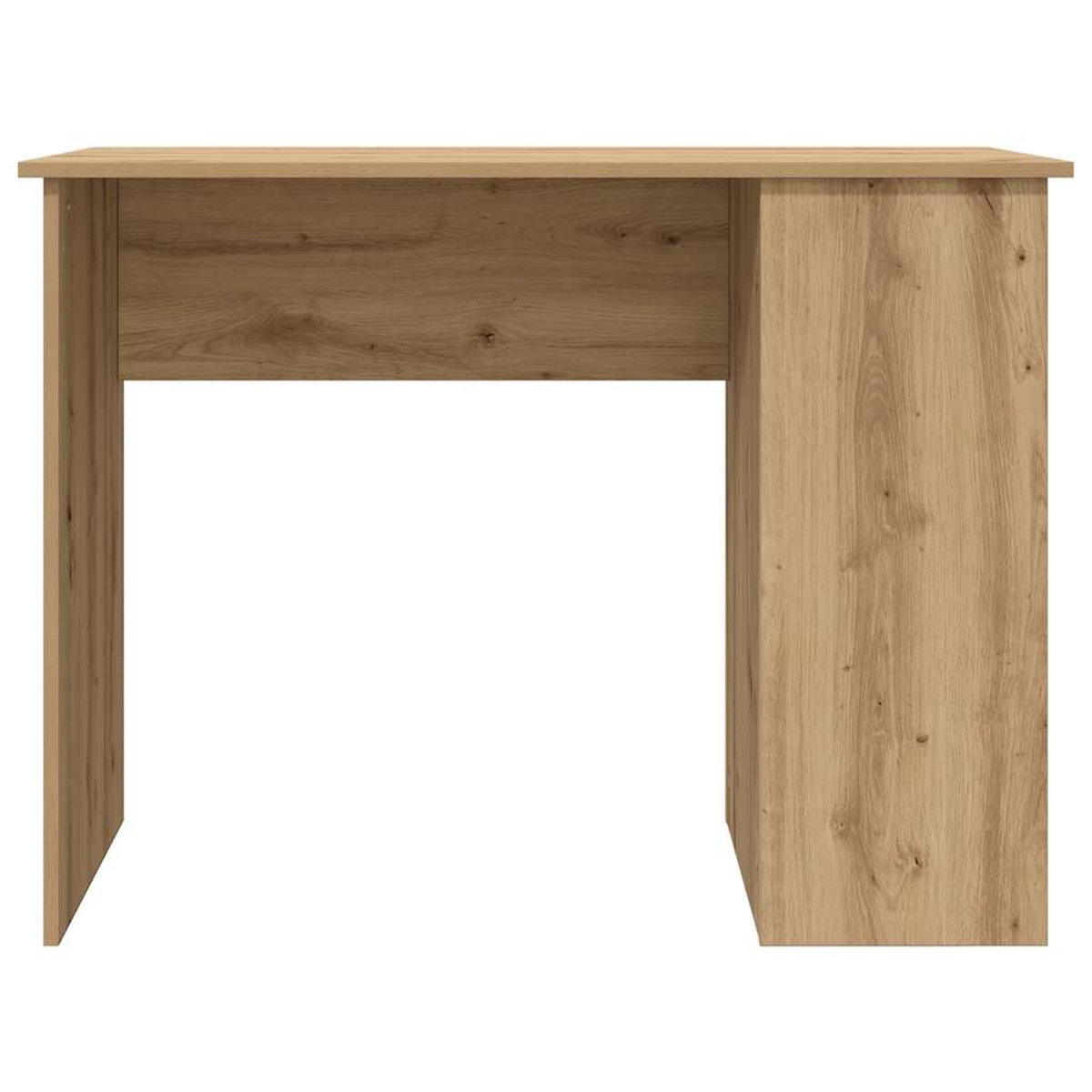 Ein Holzschreibtisch mit hellbraunem Finish. Der Schreibtisch hat einen offenen Beinraum und einen geschlossenen Schrank.