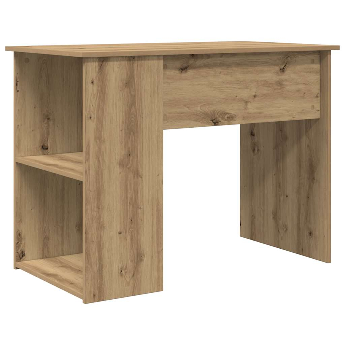 Ein hellbrauner Holzschreibtisch mit Regal und Schublade. Der Schreibtisch ist leer, mit einfachem Design.