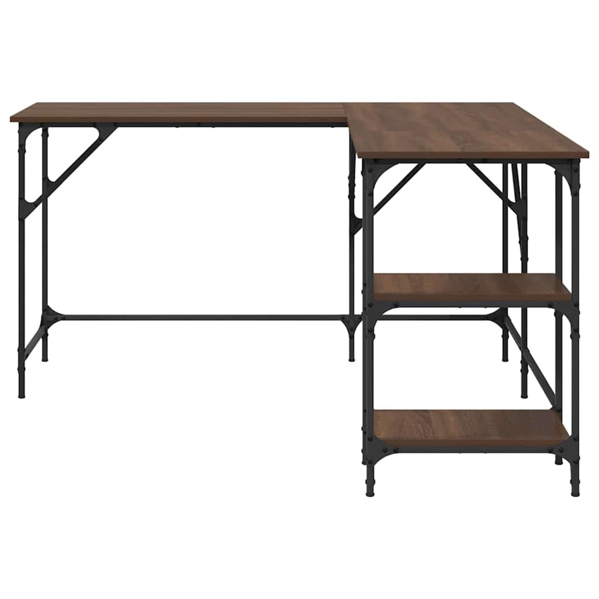 Ein L-förmiger Holzschreibtisch mit schwarzen Metallstützen. Er hat zwei Regale an der Seite. Der Hintergrund ist weiß.