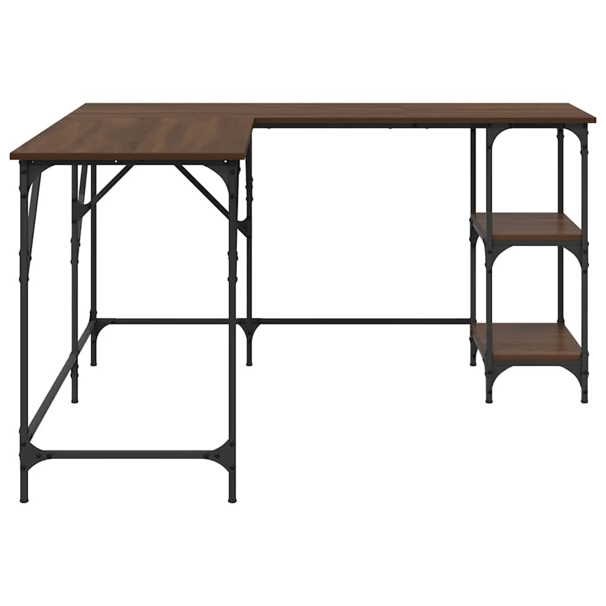 Ein brauner und schwarzer L-förmiger Schreibtisch. Er hat eine Holzplatte und ein schwarzes Metallgestell mit zwei Regalen an der Seite.