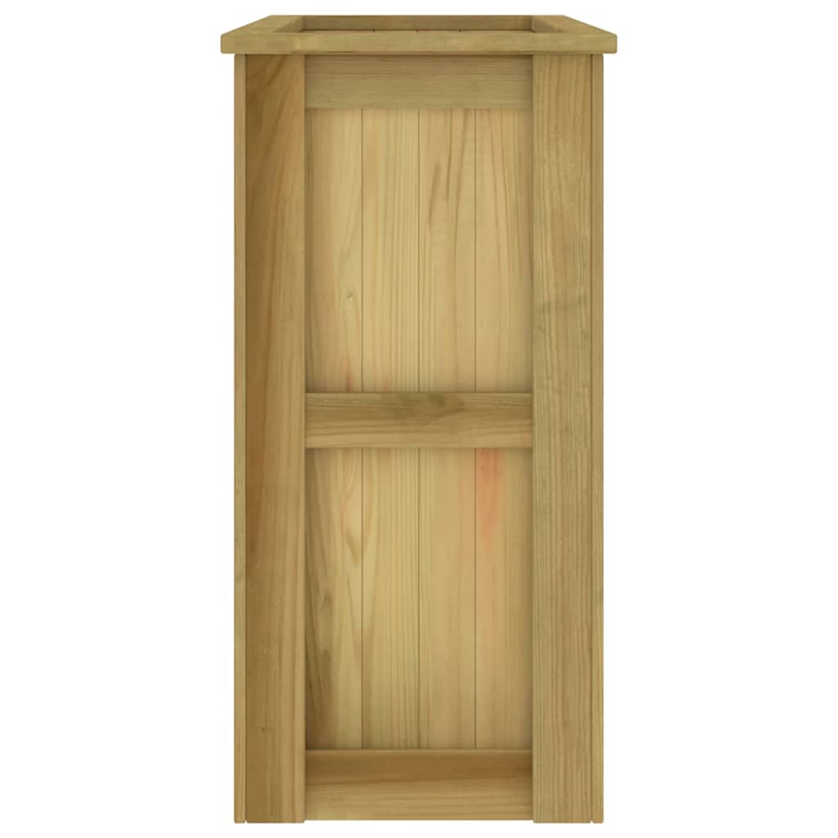 Eine hohe, rechteckige Holzkiste. Sie hat vertikale Holzbretter in der Mitte, die von aufrechten Stützen und horizontalen Balken umrahmt werden.