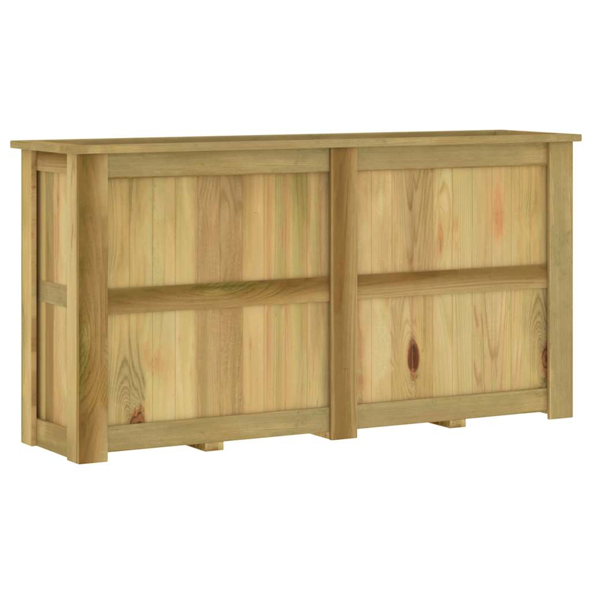 Eine rechteckige Holzkonstruktion mit vertikalen Brettern, horizontalen Stützen und einer flachen Oberseite. Das Holz hat eine natürliche, helle Farbe.
