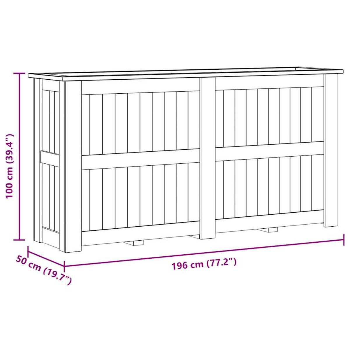 Ein weißer Holzschrank. Er hat vertikale Lamellen an der Vorderseite und die Maße 100 cm, 196 cm und 50 cm.
