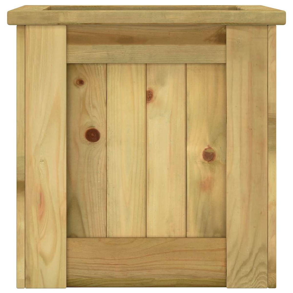 Ein quadratischer Holzblumentopf, hellbraun. Vertikale Bretter bilden die Mitte, umrahmt von Seitenteilen. Die Oberseite hat einen Rand.
