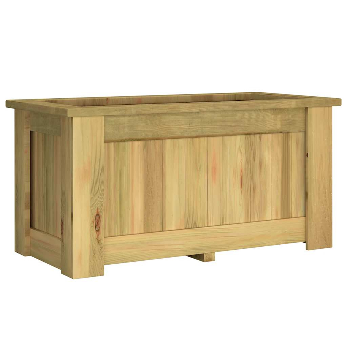Eine rechteckige Holzpflanzkasten. Sie besteht aus hellfarbenem Holz mit vertikalen Brettern und einem einfachen, stabilen Design.