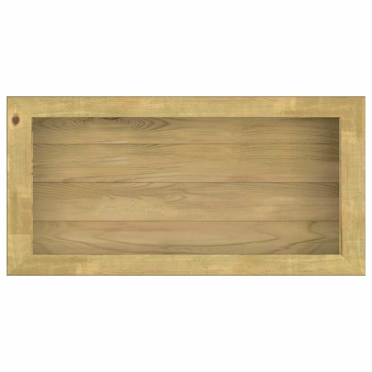 Ein rechteckiger Holzrahmen mit hellbrauner Farbe umgibt einen helleren Holzplanken-Hintergrund mit horizontalen Linien.