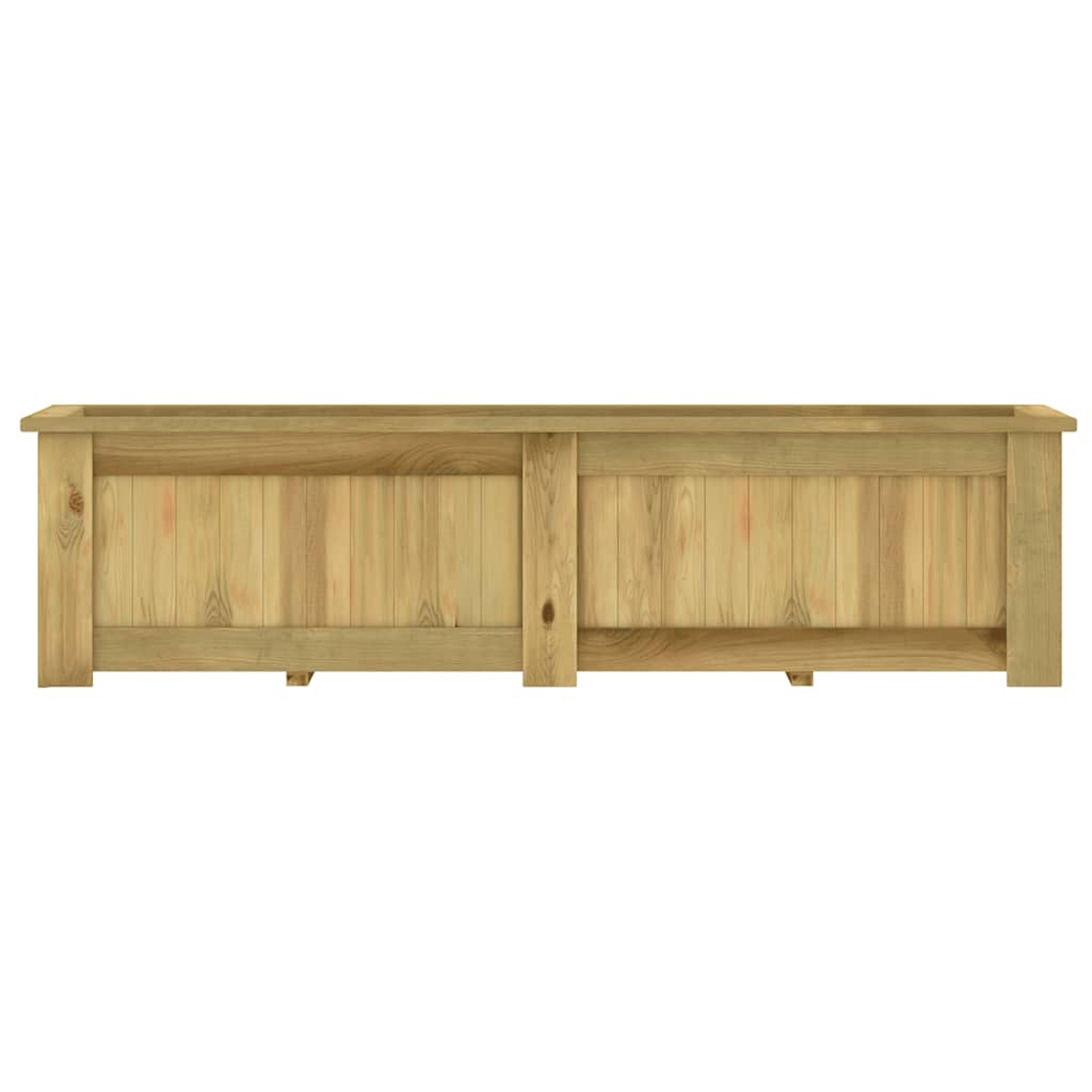 Una fioriera rettangolare in legno marrone chiaro. Ha assi verticali e un design semplice e robusto, con sfondo bianco.