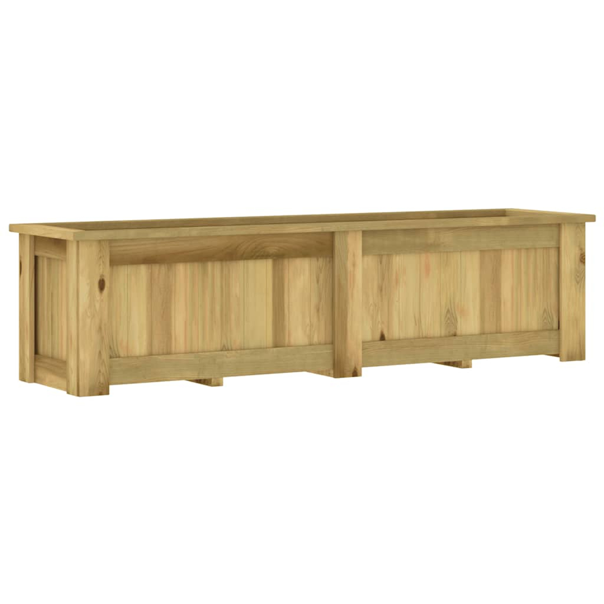 Una lunga fioriera rettangolare in legno. È fatta di legno colorato chiaro e si trova su uno sfondo bianco.