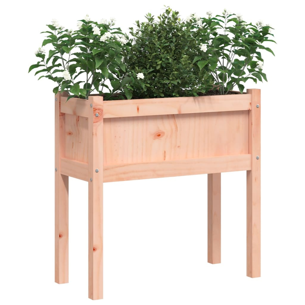 Ein hölzerner Pflanzkasten mit grünen Pflanzen und weißen Blüten steht auf vier Beinen. Das Holz ist hellbraun und der Hintergrund ist weiß.