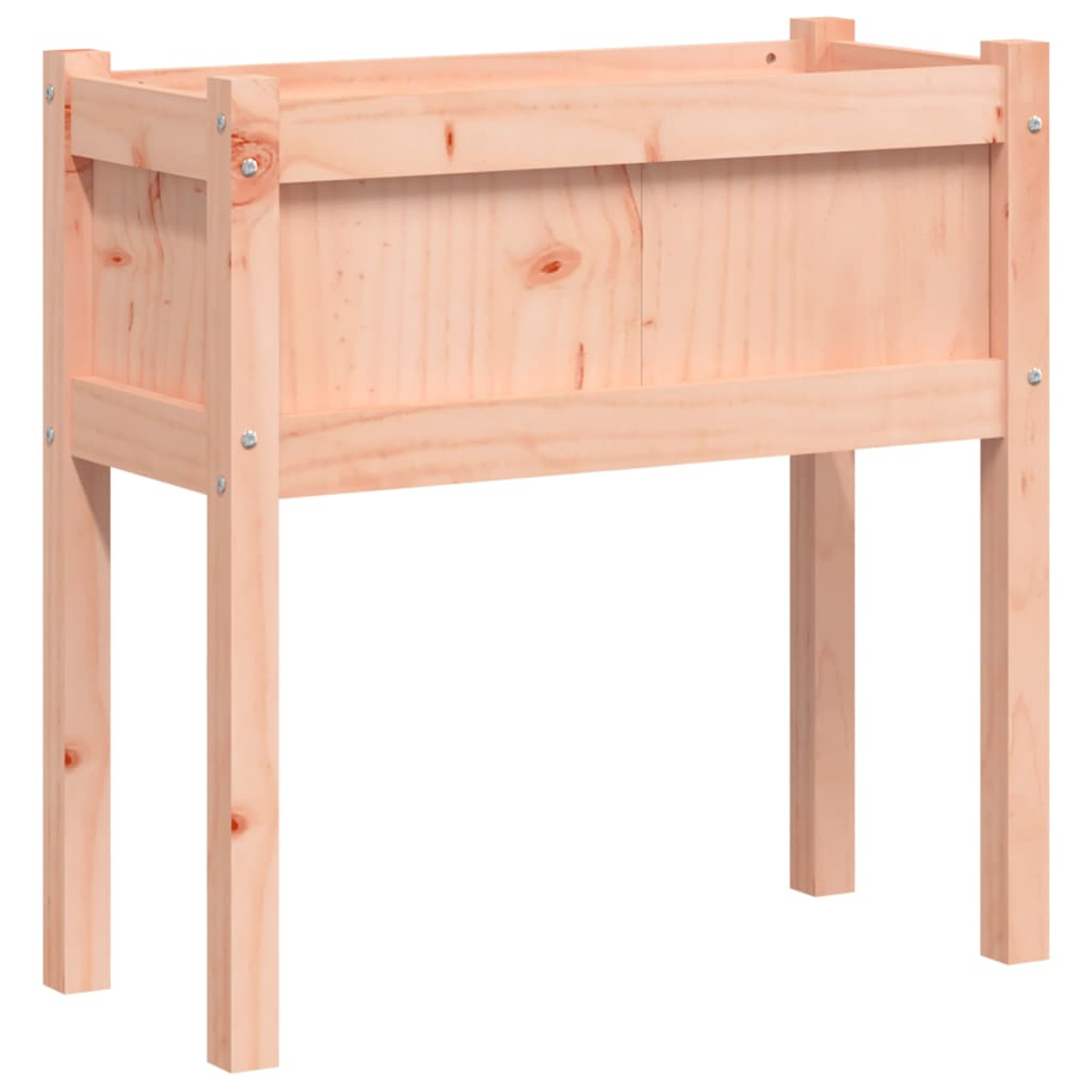 Eine hölzerne Pflanzkasten mit vier Beinen. Er ist aus hellfarbenem Holz gefertigt. Die Kiste ist rechteckig, mit sichtbarer Holzmaserung.