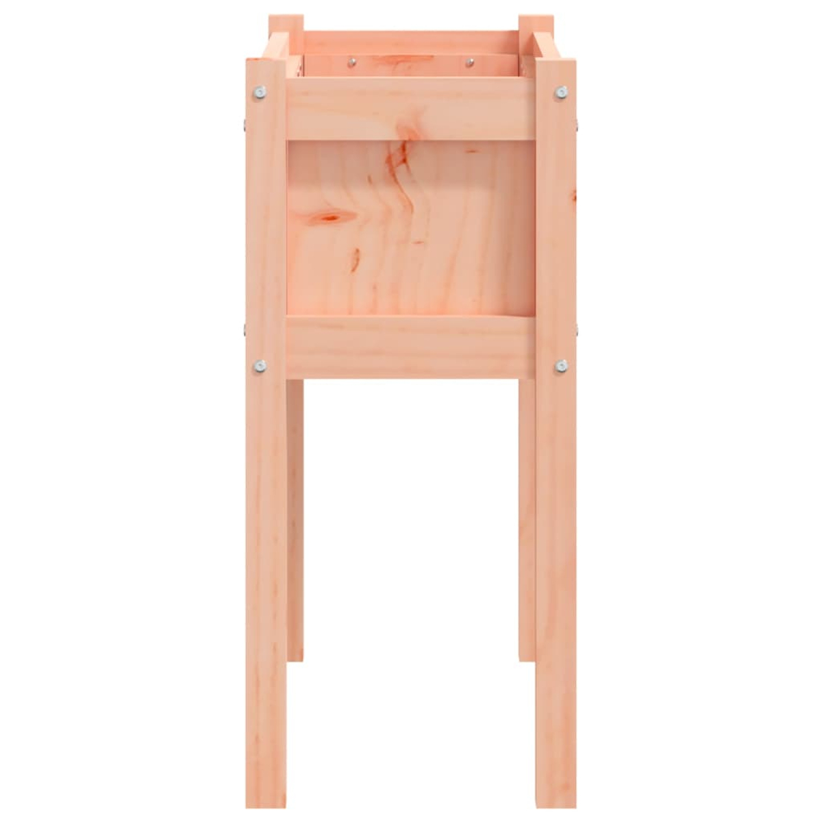 Ein hellbrauner Pflanzenständer aus Holz wird gezeigt. Er hat vier Beine, eine quadratische Box für die Pflanze und einen weißen Hintergrund.
