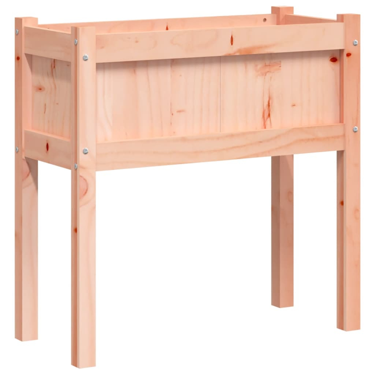 Ein hellbrauner Holzpflanzkasten mit vier Beinen, für den Gartenbau bestimmt. Der Rahmen ist rechteckig und aus rohem Holz gefertigt.