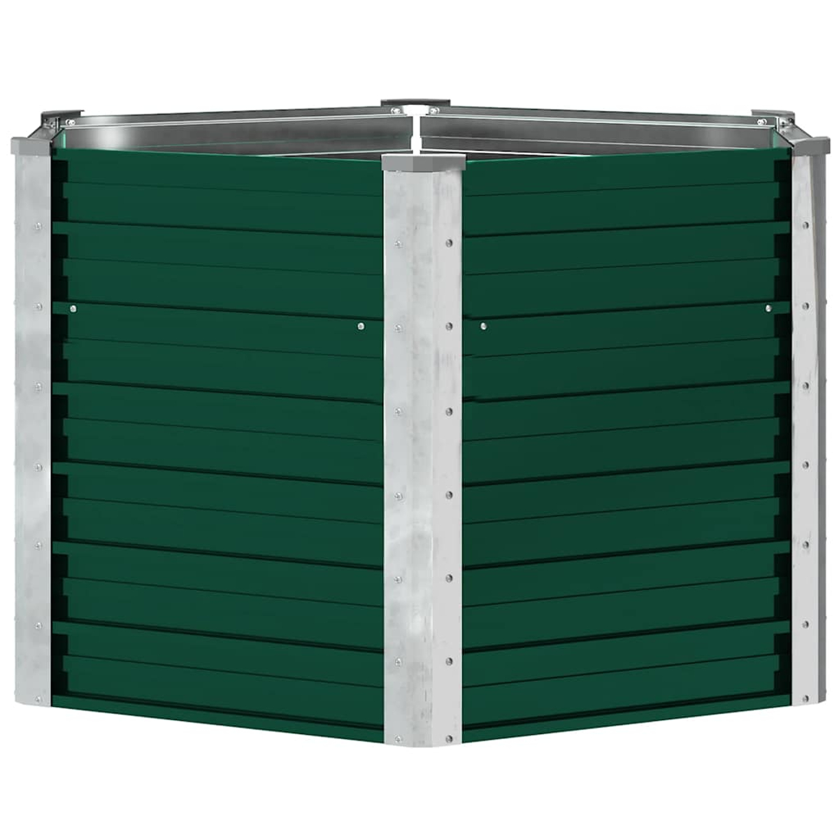 Ein quadratischer Komposteimer mit grünen Holzpaneelen und silbernem Metallrahmen. Er ist leer und steht auf weißem Hintergrund.