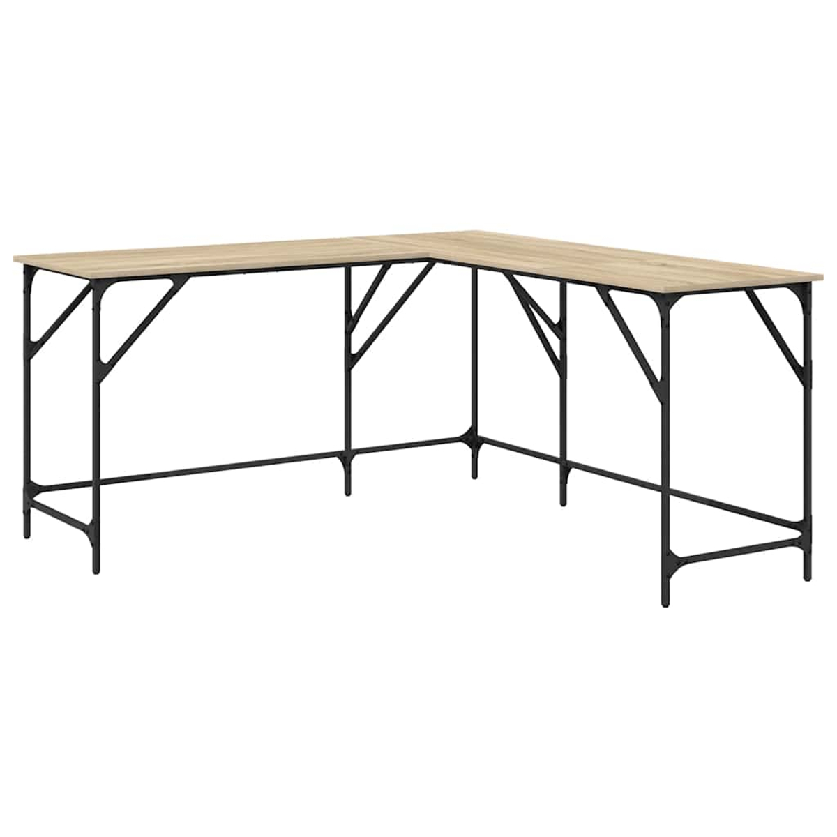 Ein L-förmiger Schreibtisch mit hellbrauner Holzplatte und schwarzem Metallrahmen. Der Schreibtisch ist leer, vor weißem Hintergrund.