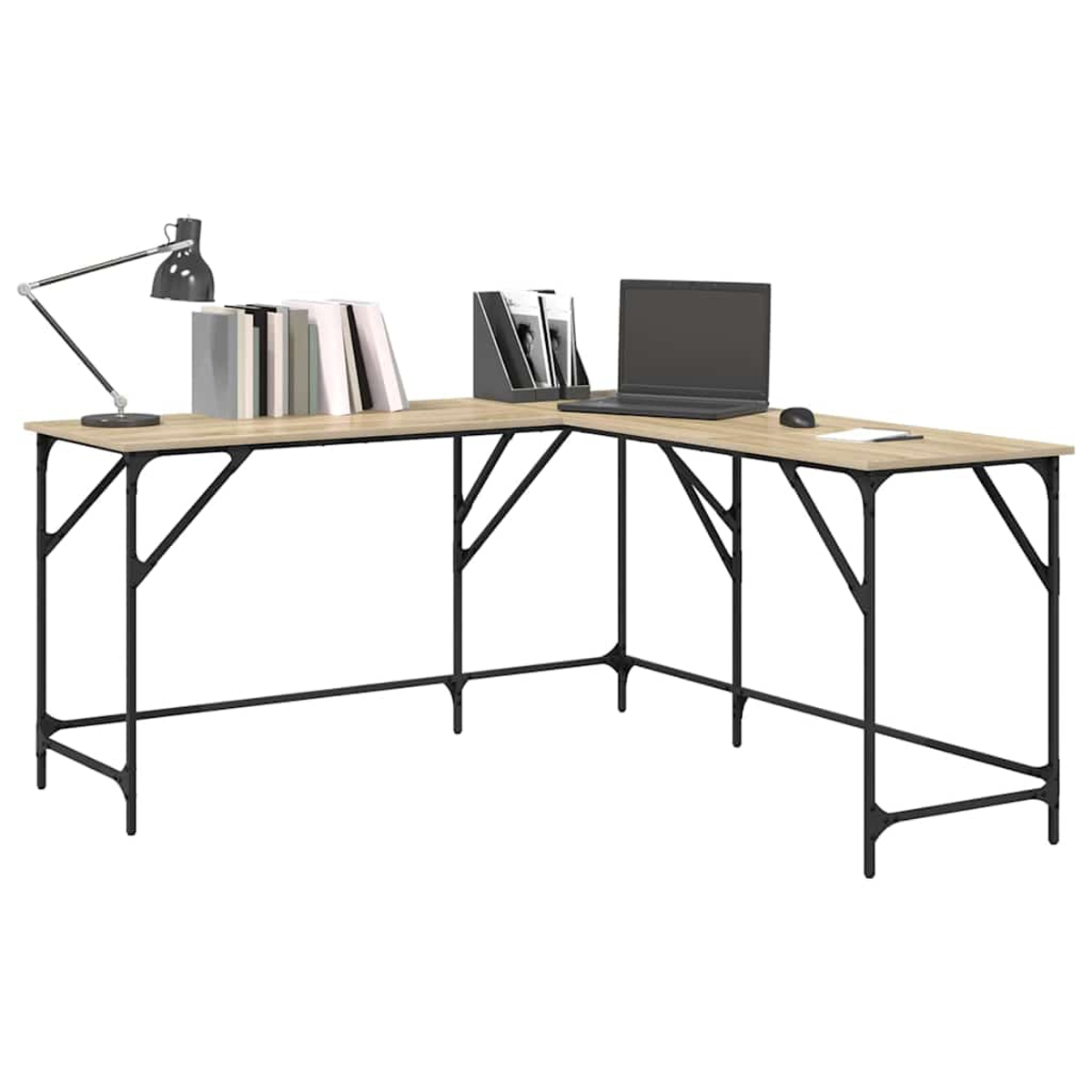 Ein L-förmiger Schreibtisch mit Laptop, Büchern, Lampe und Aktenhaltern. Der Schreibtisch ist helles Holz mit schwarzem Metallrahmen.