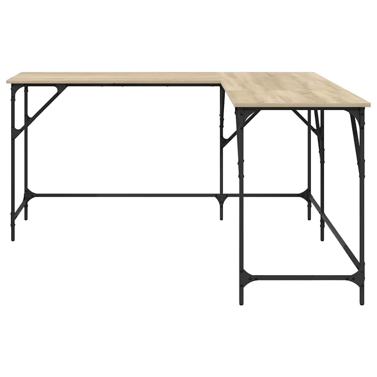 Ein L-förmiger Schreibtisch mit hellbrauner Holzplatte und schwarzem Metallrahmen. Der Schreibtisch ist leer, vor weißem Hintergrund.