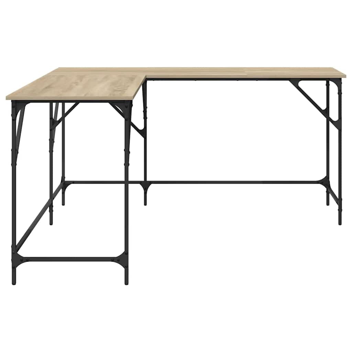 Ein L-förmiger Schreibtisch mit hellen Holzoberfläche und schwarzem Metallrahmen. Der Schreibtisch ist leer, mit weißem Hintergrund.