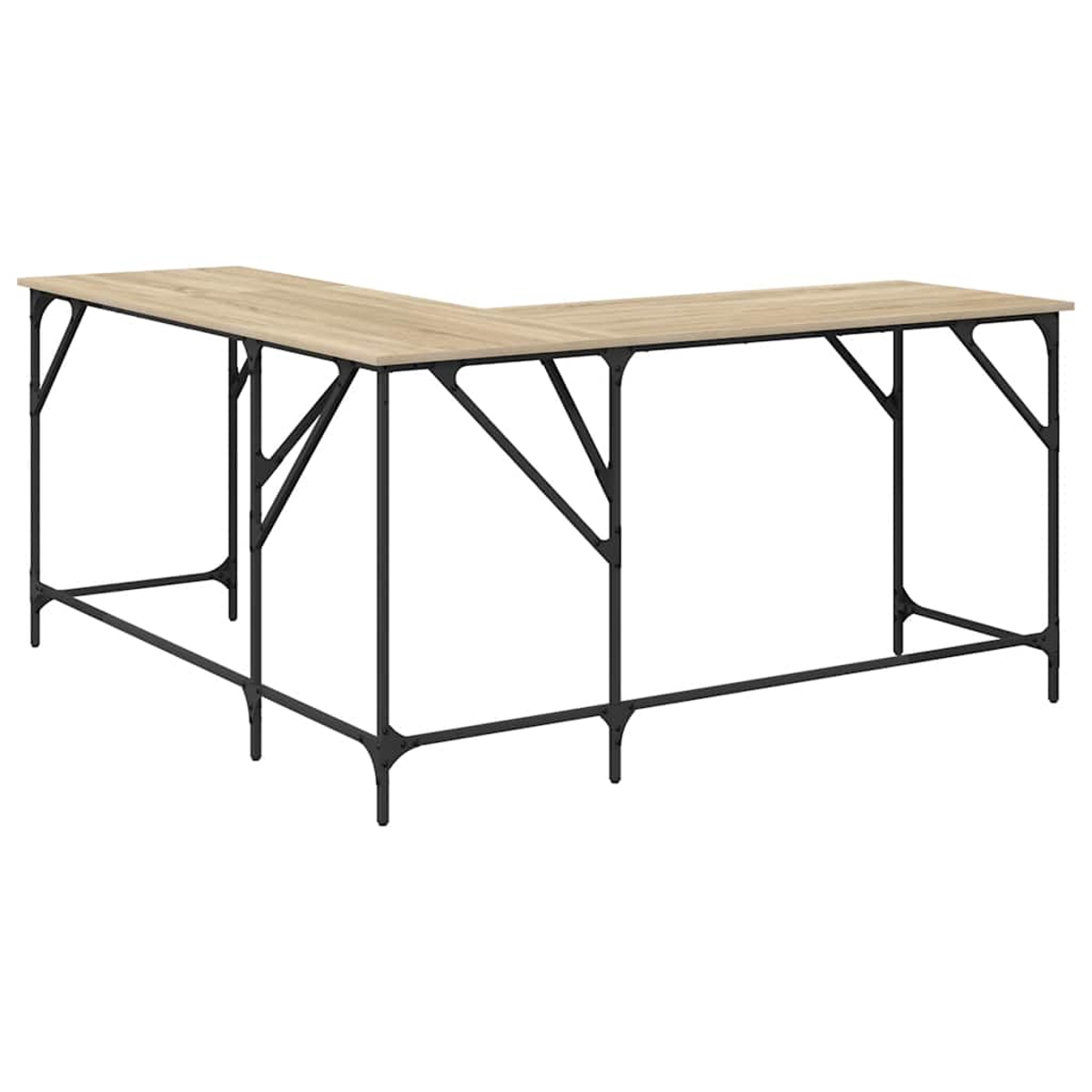 Ein L-förmiger Schreibtisch mit hellbrauner Holzplatte und schwarzem Metallrahmen. Das Design ist modern und minimalistisch.