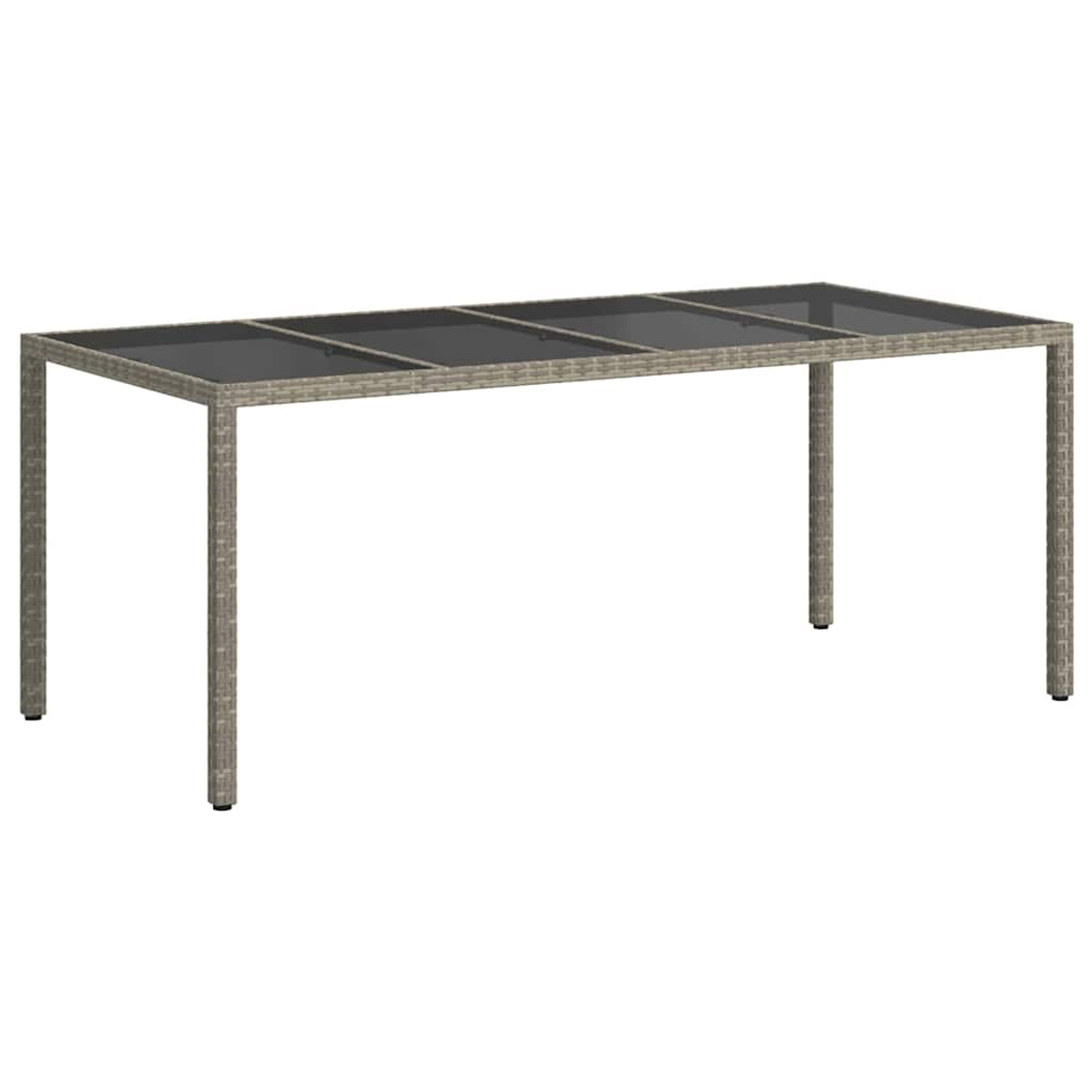 Ein rechteckiger Gartentisch mit Glasplatte und gewebten Beinen. Der Tisch hat vier Beine und steht vor einem weißen Hintergrund.