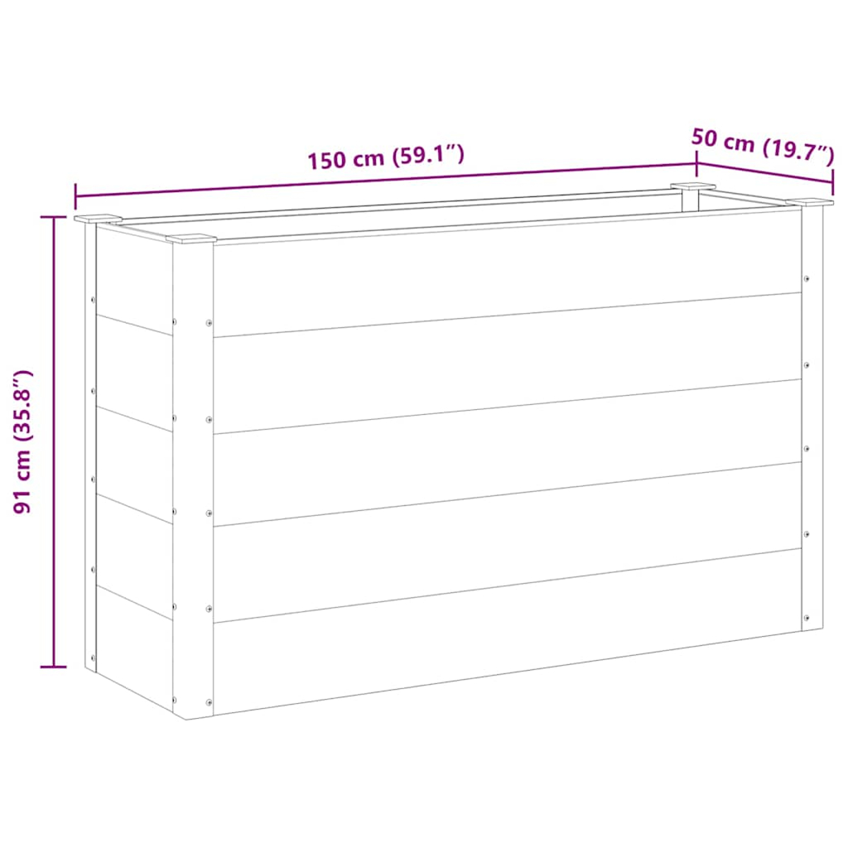 Ein weißer rechteckiger Pflanzkübel mit den Maßen: 150 cm (59,1"), 91 cm (35,8") und 50 cm (19,7").