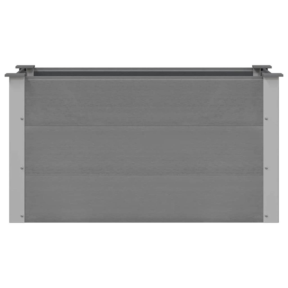 Eine graue Pflanzkasten mit drei horizontalen Holzpaneelen und silbernen Metallstützen an den Ecken.