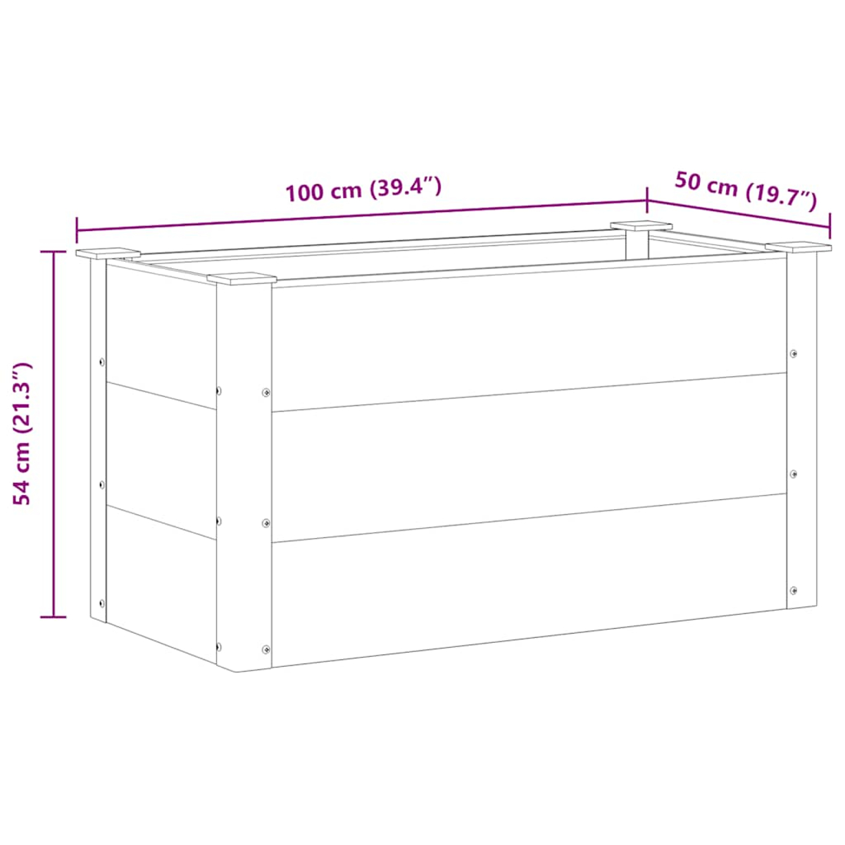 Diagramm eines rechteckigen Pflanzkastens aus Holz. Abmessungen sind beschriftet: 100cm lang, 50cm breit und 54cm hoch.