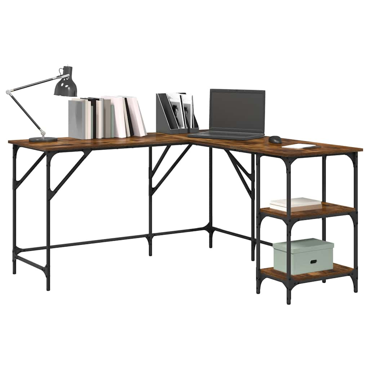 Ein L-förmiger Schreibtisch mit Laptop, Büchern, Lampe und einer Aufbewahrungsbox. Der Schreibtisch hat eine braune Holzplatte und ein schwarzes Metallgestell.