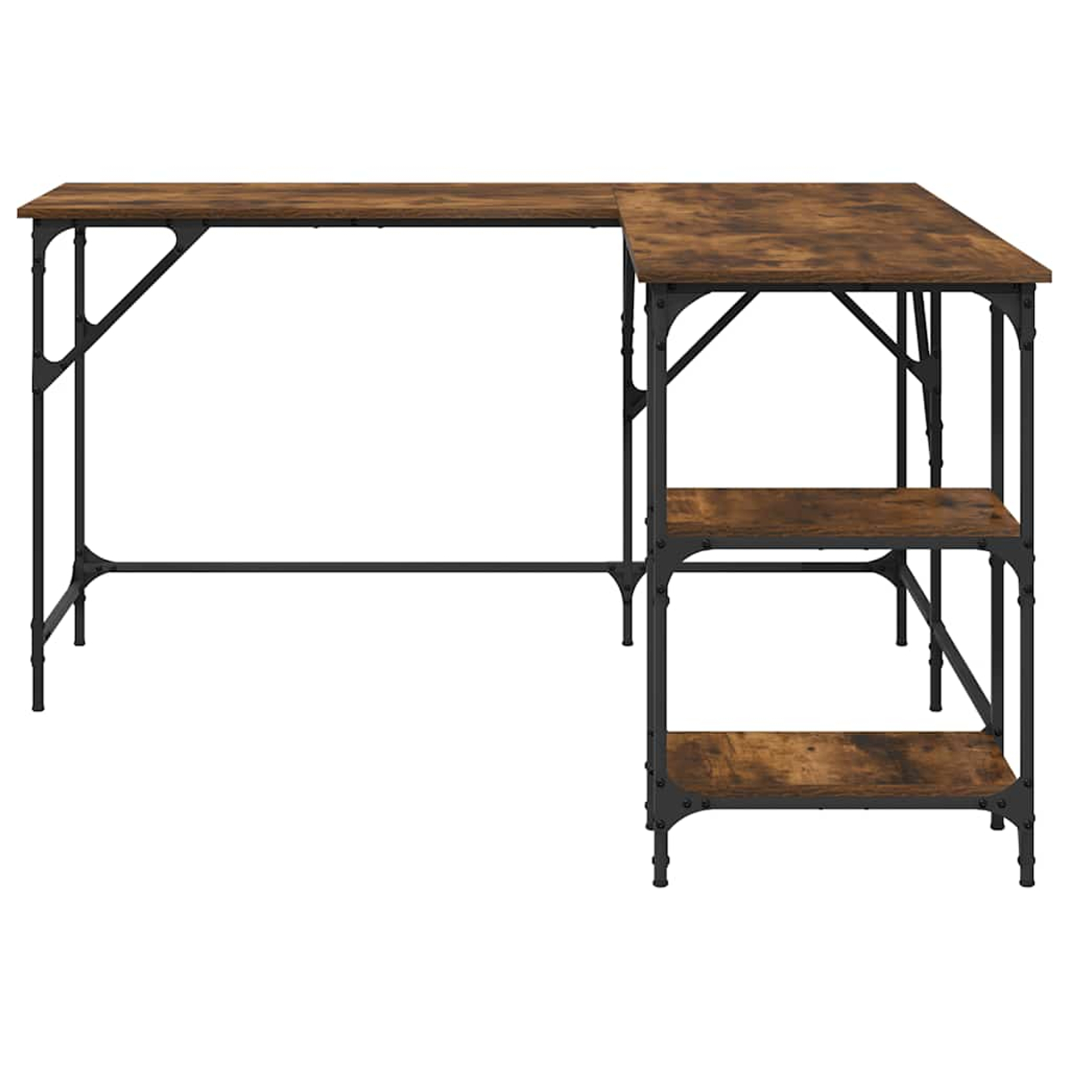 Ein L-förmiger Schreibtisch mit Holzplatte und schwarzem Metallrahmen. Er hat zwei Regale an der Seite.