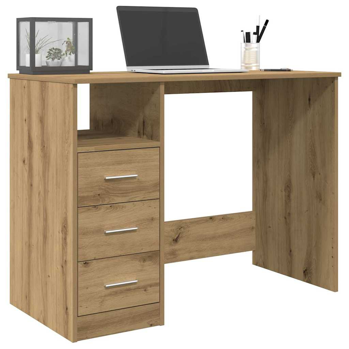 Ein Holzschreibtisch mit Laptop, Glasbehälter mit Pflanzen, Stiften und drei Schubladen.