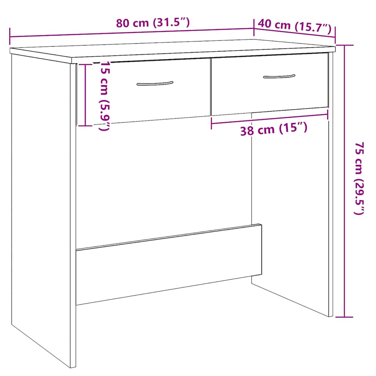Diagramm eines weißen Schreibtisches mit Maßangaben in Zentimetern und Zoll: 80 cm breit, 75 cm hoch, 40 cm tief, mit zwei Schubladen.