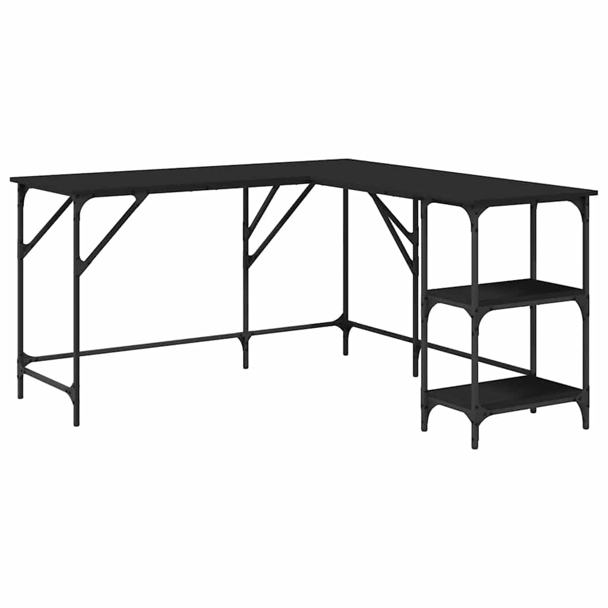 Ein schwarzer L-förmiger Schreibtisch mit einem dreistufigen Regal rechts. Der Schreibtisch hat ein schwarzes Gestell und eine Tischplatte, vor weißem Hintergrund.