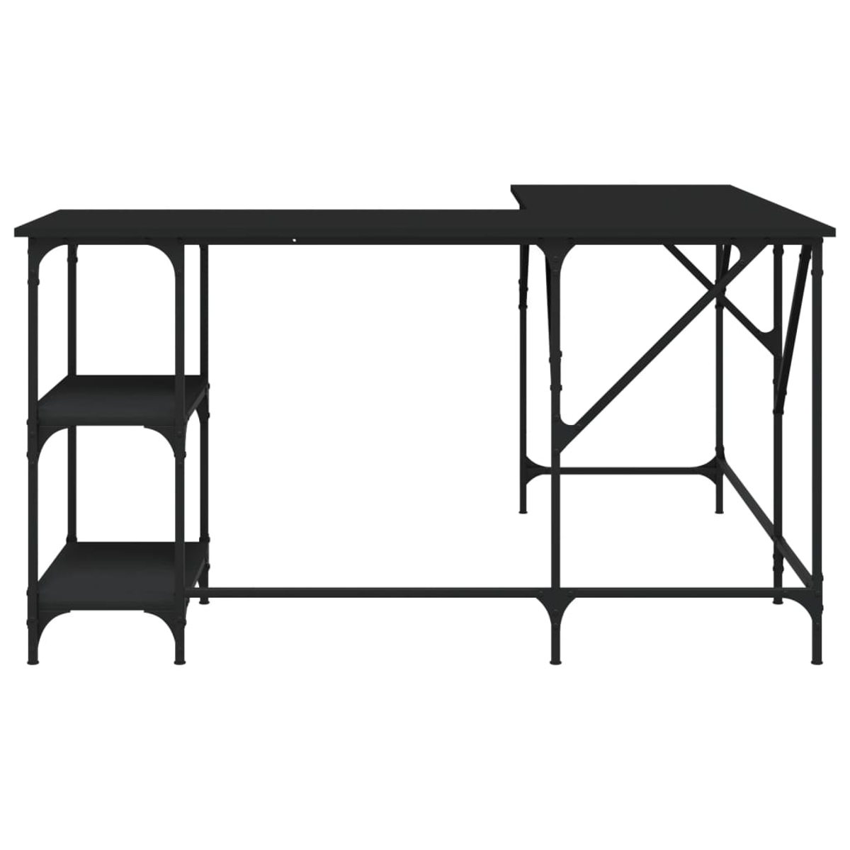 Schwarzer L-förmiger Schreibtisch mit drei Regalen links. Der Schreibtisch hat ein Metallgestell. Weißer Hintergrund.