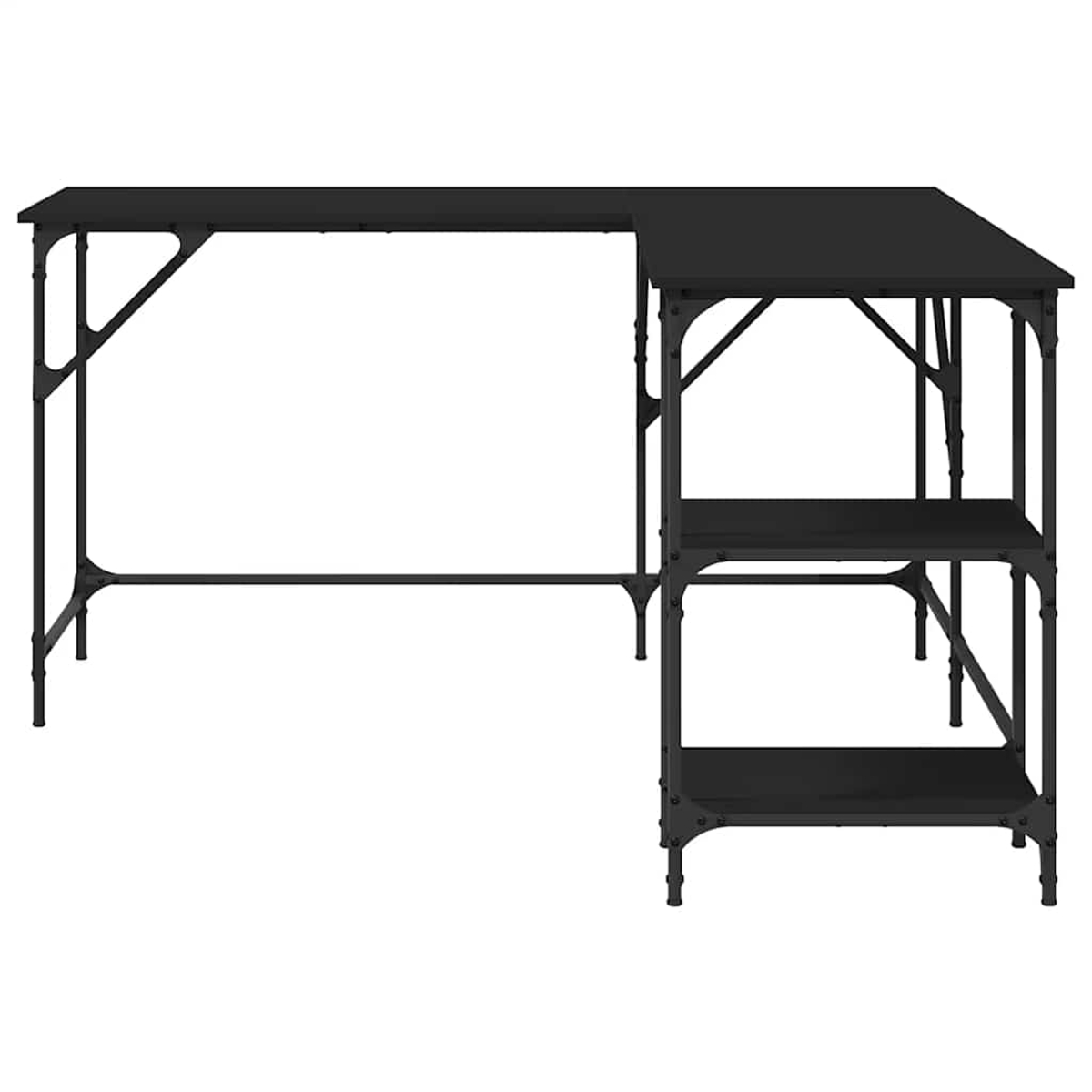 Schwarzer L-förmiger Schreibtisch mit zwei Regalen auf weißem Hintergrund. Der Schreibtisch besteht aus Metall und Holz.