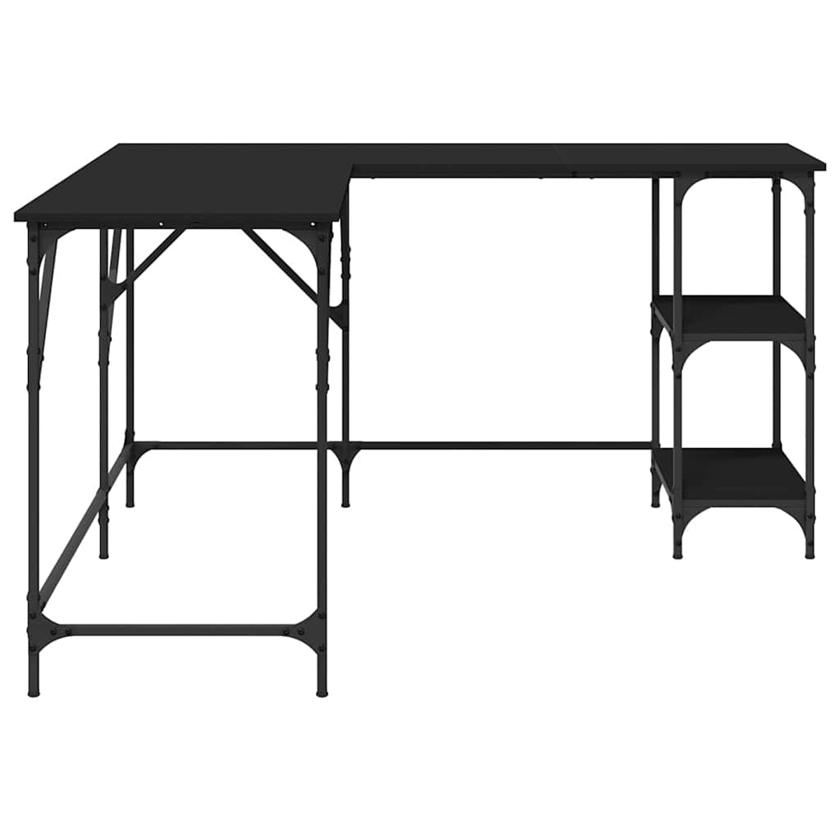 Ein schwarzer L-förmiger Schreibtisch mit Tischplatte und zwei Regalen. Der Schreibtisch hat ein Metallgestell auf weißem Hintergrund.